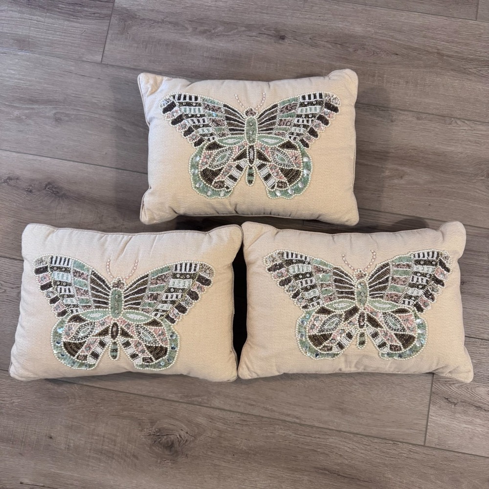 Pier 1 Butterfly Throw Pillows Set Beaded Sequins Beige Fairy Cottagecore Garden